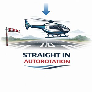 May include: Illustration of a blue and white helicopter in flight over a runway. A windsock and the text "STRAIGHT IN AUTOROTATION" are also visible. A blue arrow points down towards the helicopter.