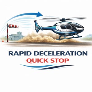 May include: An illustration of a blue and white helicopter in flight, with a windsock and building in the background. The text "RAPID DECELERATION QUICK STOP" is displayed below the helicopter.