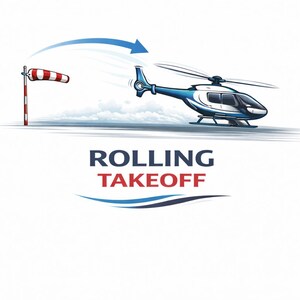 May include: Illustration of a blue and white helicopter taking off, with a windsock in the background. The text "ROLLING TAKEOFF" is displayed in navy blue and red. A blue arrow indicates the direction of the helicopter's movement.