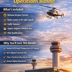 May include: A promotional image for an aviation training bundle. The title reads "Airspace & Airport Operations Bundle." The image includes a helicopter, an airport control tower, and text listing included topics such as "National Airspace System" and "Pilot Qualifications."