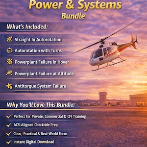 May include: A digital bundle titled "Emergency Procedures - Power & Systems" with a helicopter graphic. The image includes a list of topics covered, such as autorotation and powerplant failure, and highlights the benefits of the bundle.