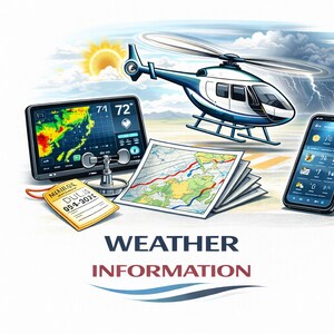 May include: An illustration featuring a helicopter, a tablet showing a weather map with temperatures of 22 and 22 degrees Celsius, a smartphone, and a stack of maps. The text "WEATHER INFORMATION" is displayed at the bottom.