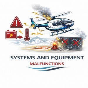 May include: An illustration showing a helicopter with system malfunctions. The image includes warning symbols, a battery, a thermometer, and a control panel with an error indicator. Text reads "SYSTEMS AND EQUIPMENT MALFUNCTIONS."