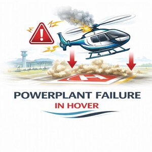 May include: Illustration of a blue and white helicopter with smoke and lightning bolts, above a red helipad. The text "POWERPLANT FAILURE IN HOVER" is displayed below the helicopter, with a red warning sign.