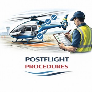 May include: Illustration of a blue and white helicopter on a landing pad with a person in a yellow vest reviewing a checklist. The text "POSTFLIGHT PROCEDURES" is displayed below the image.