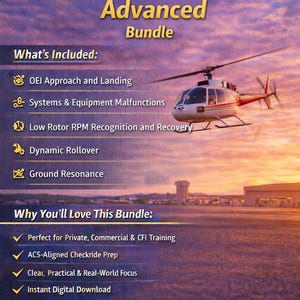 May include: An advertisement for an "Emergency Procedures - Advanced Bundle" with a helicopter graphic. The image includes text detailing what's included, such as "OEI Approach and Landing" and "Systems & Equipment Malfunctions."