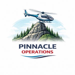 May include: A blue and white helicopter perched atop a rocky mountain peak, surrounded by evergreen trees. The logo includes the text "PINNACLE OPERATIONS" in a bold, stylized font, with a blue and red design element below.