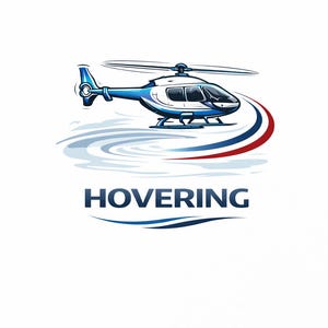 May include: A blue and white helicopter illustration with the word "HOVERING" in dark blue text. The helicopter is depicted in flight, with a stylized trail of blue and red lines behind it, and a water-like pattern below.