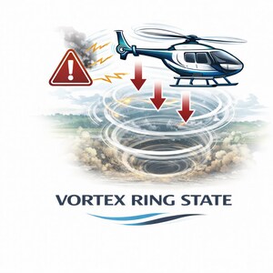 May include: An illustration of a blue and white helicopter with red arrows indicating a vortex ring state. A red warning sign is visible, along with the text "VORTEX RING STATE". The background shows a landscape with clouds.