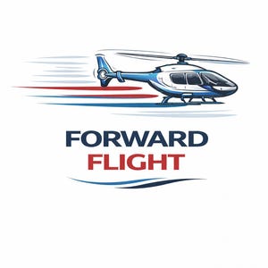 May include: A blue and white helicopter illustration with the text "FORWARD FLIGHT" in navy blue and red. The helicopter has a sleek design with a spinning rotor and red and blue speed lines.