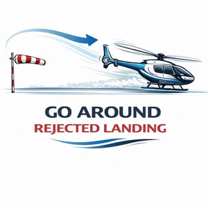 May include: Illustration of a blue and white helicopter taking off, with a windsock and the text "GO AROUND REJECTED LANDING". A blue arrow indicates the helicopter's direction. The image is on a white background.