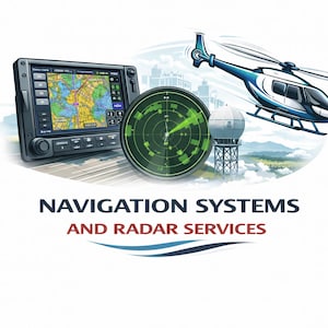 May include: Illustration of navigation and radar systems. A helicopter flies above a radar screen and a navigation display showing a map. The text "NAVIGATION SYSTEMS AND RADAR SERVICES" is at the bottom.