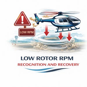 Puede incluir: Ilustración de un helicóptero azul y blanco con flechas rojas que apuntan hacia abajo. Hay una señal de advertencia roja con un signo de exclamación y el texto "LOW RPM". También se muestra el texto "LOW ROTOR RPM RECOGNITION AND RECOVERY".