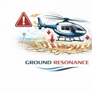 May include: Illustration of a blue and white helicopter with a warning sign and the words "GROUND RESONANCE." The image depicts the helicopter above cracked ground with red arrows and lightning bolts.