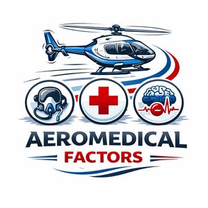 May include: A logo featuring a blue and white helicopter above three circular icons. The icons depict a breathing apparatus, a red cross, and a brain with a heartbeat line. The text "AEROMEDICAL FACTORS" is below.