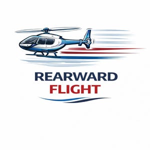 Puede incluir: Ilustración de un helicóptero azul y blanco con un efecto de movimiento de rayas rojas y azules. El texto "REARWARD FLIGHT" se muestra en azul marino y rojo, con una línea azul curva debajo, todo sobre un fondo blanco.