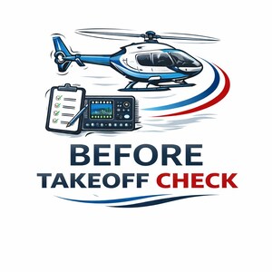May include: A graphic featuring a blue and white helicopter with a checklist and a control panel. The text "BEFORE TAKEOFF CHECK" is displayed below the images, with a blue, red, and white swoosh design.