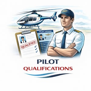May include: Illustration of a pilot in uniform with a helicopter in the background. A clipboard with a photo and the word "QUALIFIED" is visible, along with a pilot license. The text "PILOT QUALIFICATIONS" is displayed below.