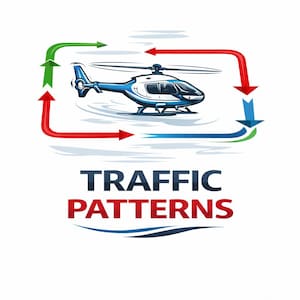 May include: A blue and white helicopter illustration with a red, green, and blue arrow pattern. The text "TRAFFIC PATTERNS" is displayed in navy blue and red. The image is on a white background.