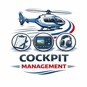 May include: A graphic featuring a blue and white helicopter above three circular icons. The icons depict a clipboard with a map, a navigation screen, and a headset. The text "COCKPIT MANAGEMENT" is below the icons.