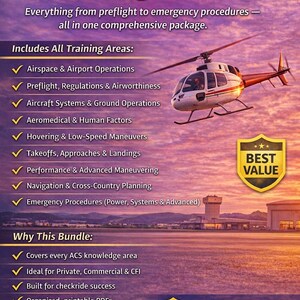 May include: A promotional image for a complete helicopter training bundle. The image features a helicopter, a list of training areas, and the text "Complete Helicopter Training Bundle." The image also includes the text "Best Value" and "Satisfaction Guarantee."
