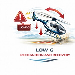May include: Illustration of a blue and white helicopter taking off, with a red warning sign and the text "LOW G." The image also includes the text "RECOGNITION AND RECOVERY."