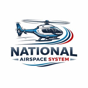 May include: A logo featuring a blue and white helicopter with spinning blades, above the words "NATIONAL AIRSPACE SYSTEM" in dark blue. The word "SYSTEM" is in red. Curved blue and red lines are below the helicopter.