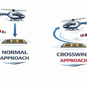 May include: Illustration comparing normal and crosswind helicopter approaches. The image shows two diagrams with a blue and white helicopter, a windsock, and a helipad. Text reads "NORMAL APPROACH" and "CROSSWIND APPROACH".