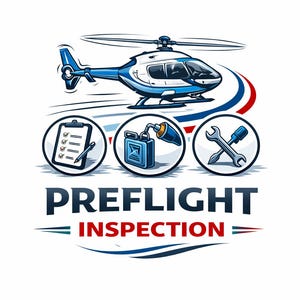 May include: A blue and white helicopter illustration with the words "PREFLIGHT INSPECTION". The image includes icons of a checklist, fuel can, and wrench. The design has a clean, professional aesthetic.
