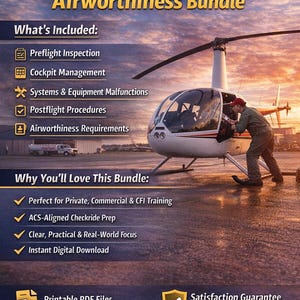 May include: Image of a helicopter with a person in a flight suit. The image includes text: "Preflight, Regulations & Airworthiness Bundle." The bundle includes preflight inspection, cockpit management, and postflight procedures.