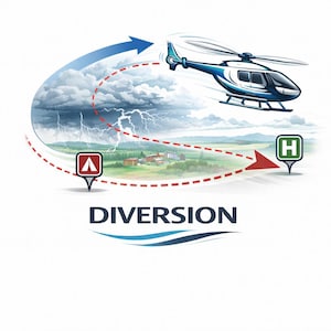 Puede incluir: Ilustración de un helicóptero azul y blanco desviándose de una tormenta, con una línea de puntos roja que indica una ruta de desvío. La palabra "DIVERSION" está debajo.