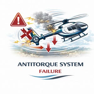 May include: Illustration of a helicopter with a damaged tail rotor, sparks, and a red warning sign. The text "ANTITORQUE SYSTEM FAILURE" is displayed below the helicopter, indicating a mechanical issue.