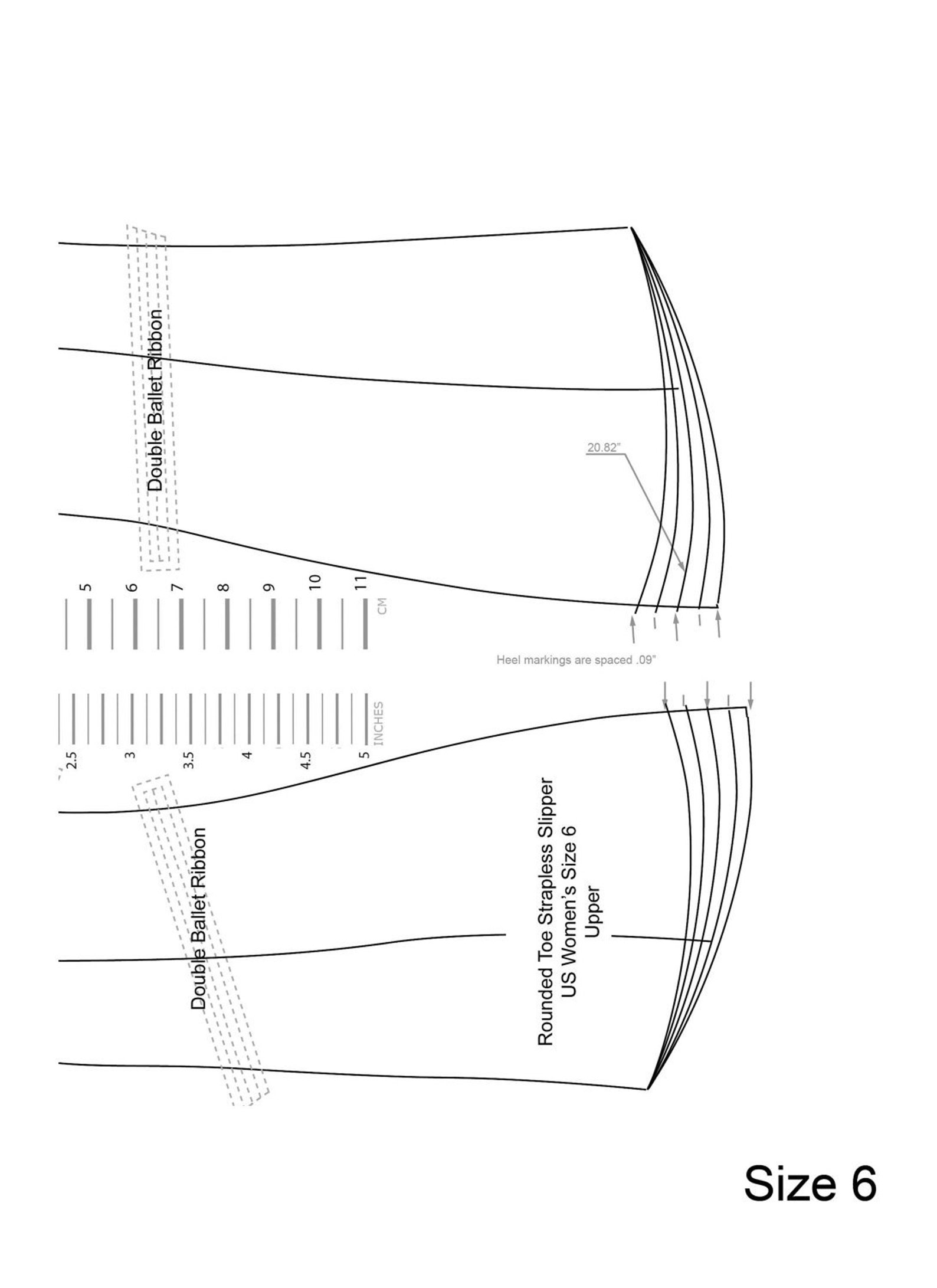 pdf us sizes 9.5-11 sewing pattern for round toe strapless or ballet ribbon slippers