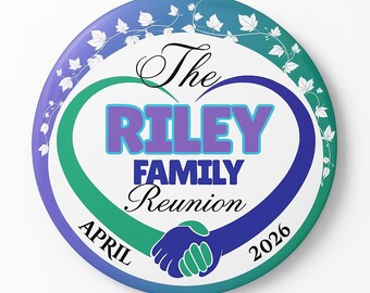 Custom Heart Hands Family Reunion Favor – Pinback Button, Keychain, Bottle Opener or Fridge Magnet