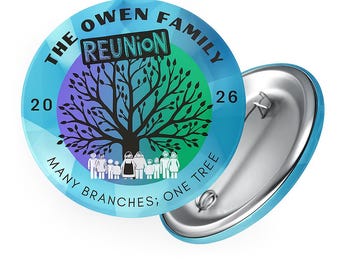 Custom Roots Family Reunion Favor – Pinback Button, Keychain, Bottle Opener or Fridge Magnet