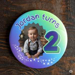 May include: A round button with a photo of a baby boy wearing suspenders, with the text "Jordan turns 2". The background is a gradient of blue and green with star accents and a large number 2.