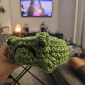 Puede incluir: Una rana de ganchillo verde hecha a mano, con ojos y boca negros. La rana est&aacute; hecha de un hilo texturizado y tiene una expresi&oacute;n ligeramente triste. La rana es un art&iacute;culo hecho a mano y caprichoso.