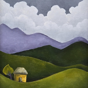 A Yellow Cottage – Fine Art Print of Original Painting | Cottagecore Wall Art | Primitive Farmhouse Decor