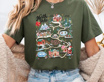 Vintage North Pole Village T-Shirt, Christmas Map Tee, Cute Santa Claus Workshop Shirt, Retro Holiday Graphic Tee