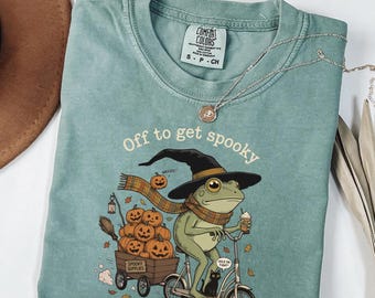 Comfort Colors® Funny Halloween Frog T-Shirt, Pumpkin Cart Riding Scooter Shirt, Cute Spooky Season Fall Tee, Witch Frog Graphic Shirt
