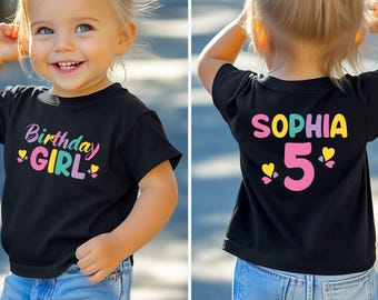 Personalized Birthday Girl Shirt, Custom Name and Age Birthday Tee, Colorful Kids Birthday Outfit, Girl Birthday Party Gift, Any Age Tee