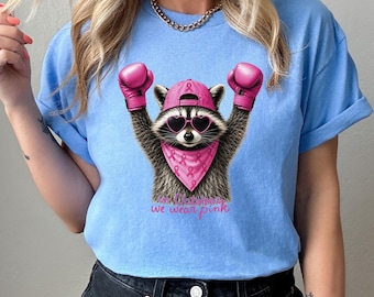 In October We Wear Pink T-Shirt, Raccoon Boxing Gloves Shirt, Breast Cancer Awareness Gift, Vintage Ribbon Apparel