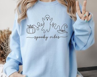Spooky Vibes Halloween Sweatshirt, Line Art Ghost Pumpkin Crewneck, Cute Witch Hat Sweater, Autumn Gift