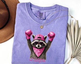 In October We Wear Pink T-Shirt, Raccoon Boxing Gloves Comfort Colors© Shirt, Breast Cancer Awareness Gift, Vintage Ribbon Apparel