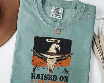 Retro 90s Halloween T-Shirt, Western Skull With Witch Hat Comfort Colors© Tee, Vintage Spooky Cowgirl Skull Shirt, Fall Festival Graphic Top