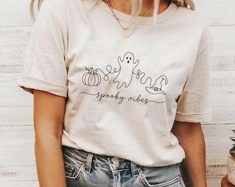Spooky Vibes Halloween Shirt, Line Art Ghost Pumpkin Tee, Cute Witch Hat Top, Autumn Gift