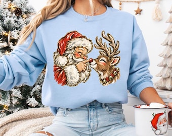 Christmas Sweatshirt, Santa Boop Crewneck, Funny Reindeer Sweater, Vintage Christmas Top, Cute Santa Claus Graphic Pullover