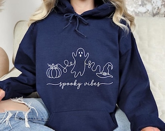 Spooky Vibes Halloween Hoodie, Line Art Ghost Pumpkin Hooded Pullover, Cute Witch Hat Top, Autumn Gift