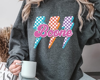 Boone Lightning Bolt Sweatshirt, Retro Checkered 80s Vintage Sweater, Colorful Boone Graphic Crewneck, Funny Retro Aesthetic Top, Boone Gift