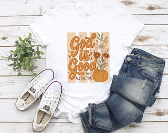 Christian Fall Shirt, God Is Good TShirt, Autumn Pumpkin Floral Tee, Faith Bible Verse Apparel, Religious Fall Cross Clothes